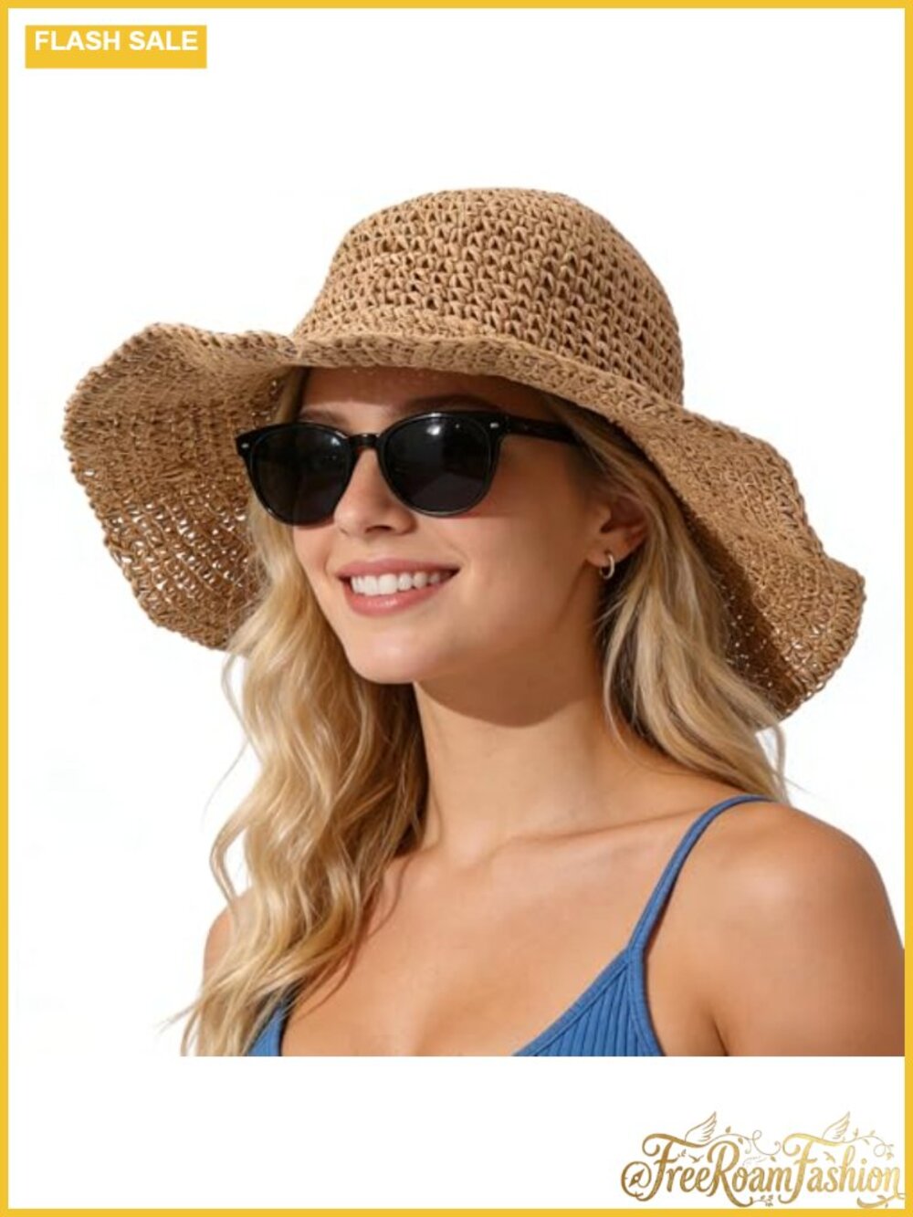 Womens Straw Crochet Sun Hat Floppy Wide Brim Foldable Packable Beach Travel